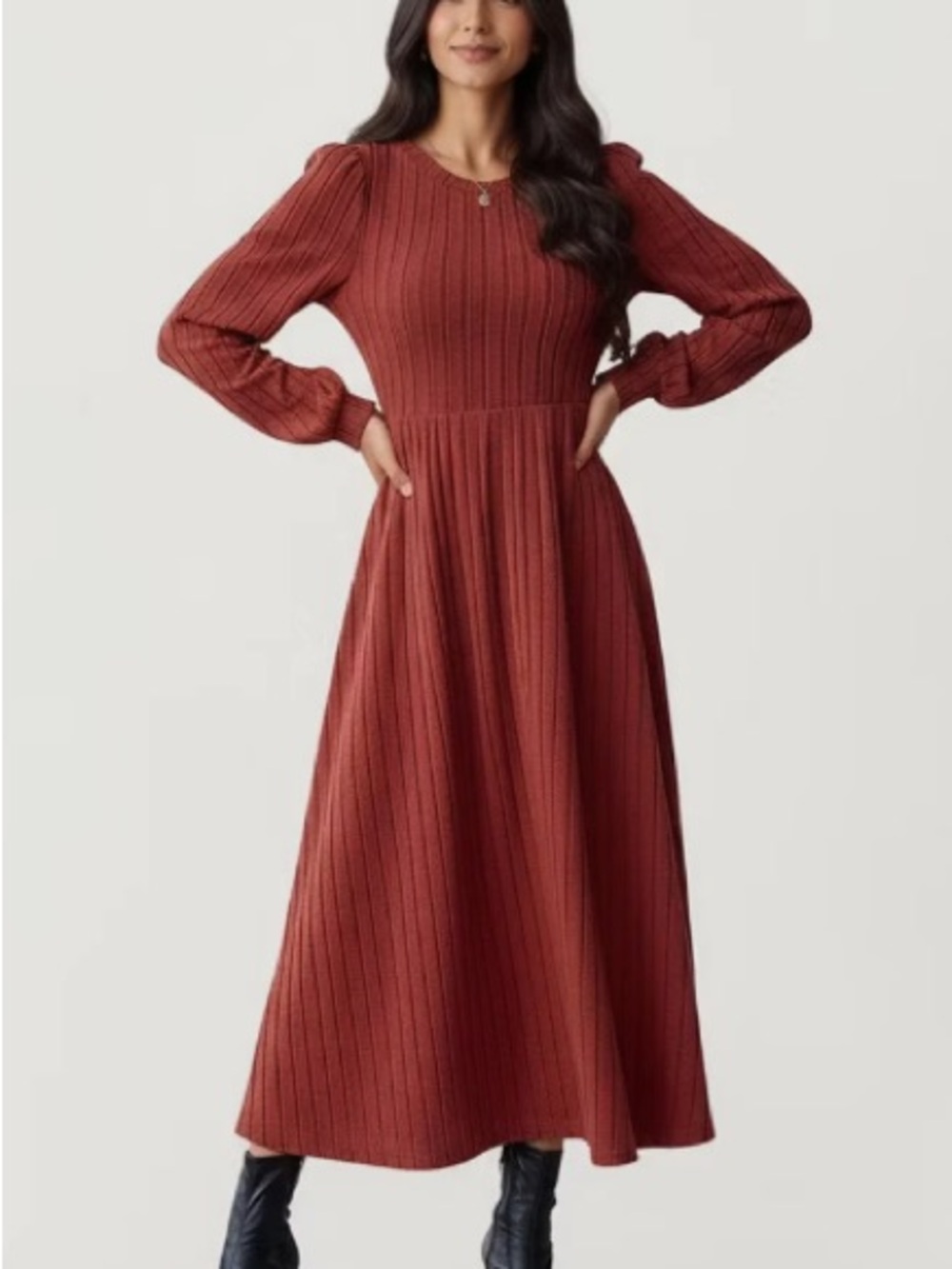 Women's Ribbed Long Sleeve Maxi Dress - Rust